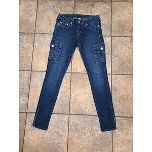 True Religion World  Womens 28x30 Blue Denim Jeans Cargo Ankle Zip 2014